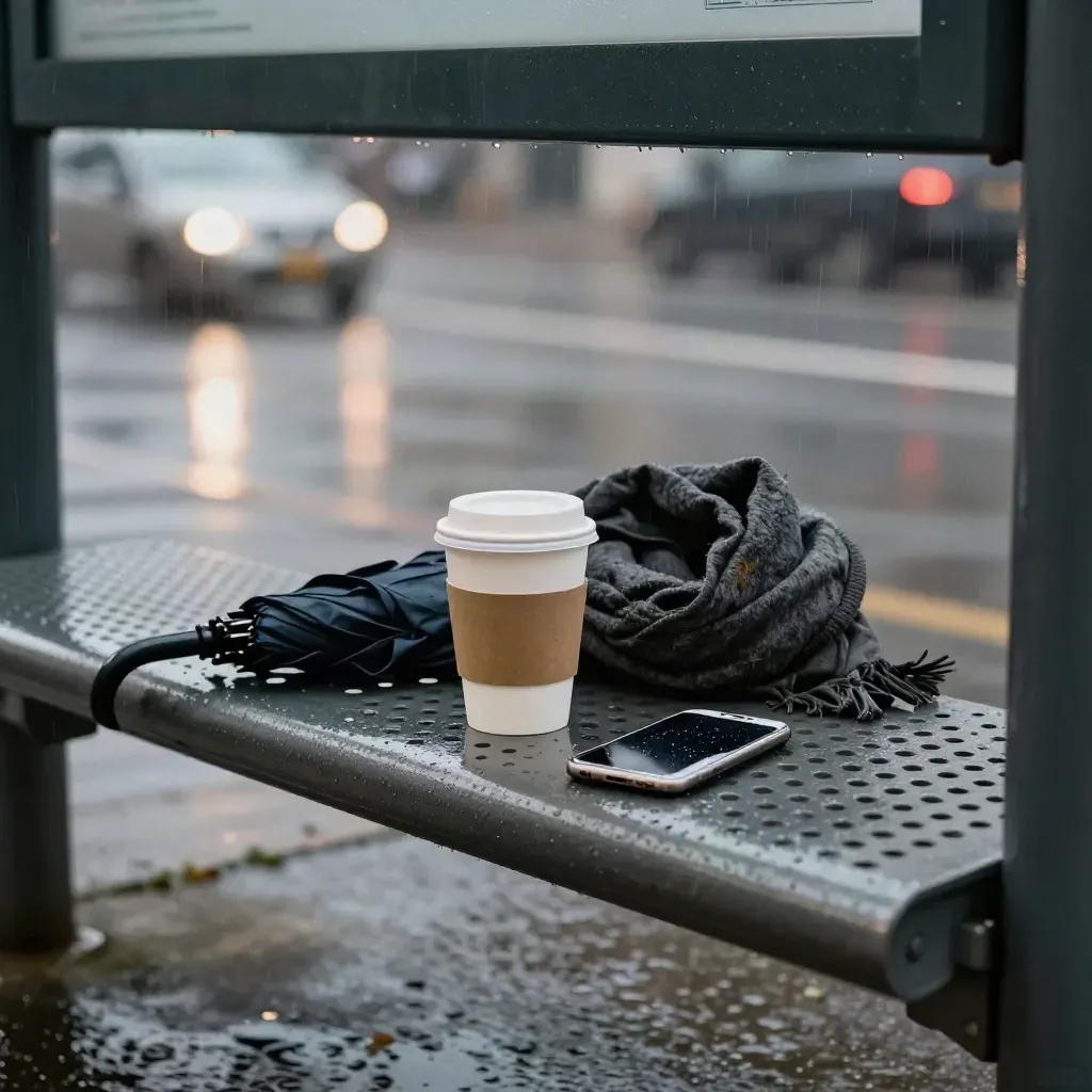 Rainy bus stop bench with coffee, umbrella, scarf and face-down phone under streetlights.