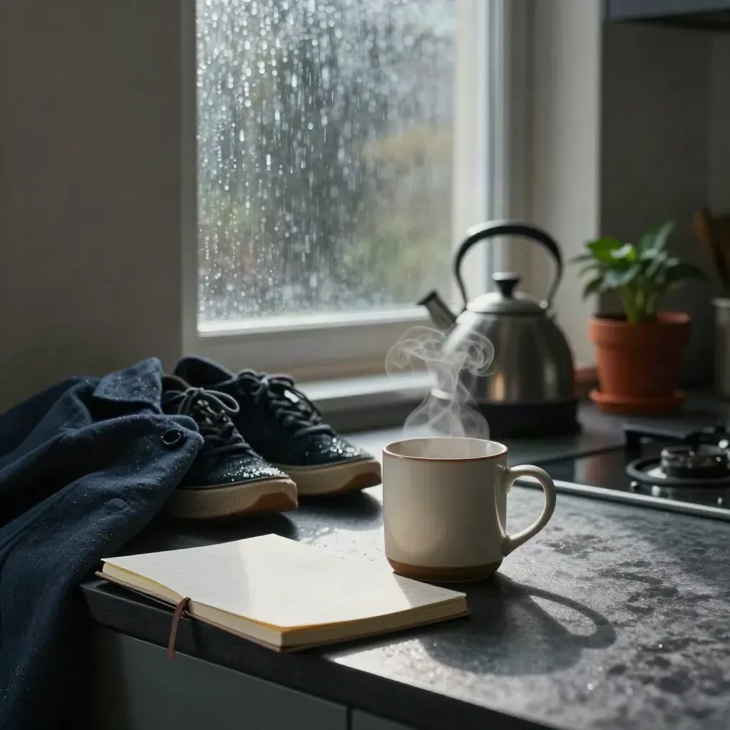 Rainy kitchen table with mug, habit tracker notebook, coat, trainers, kettle and plant at dawn.