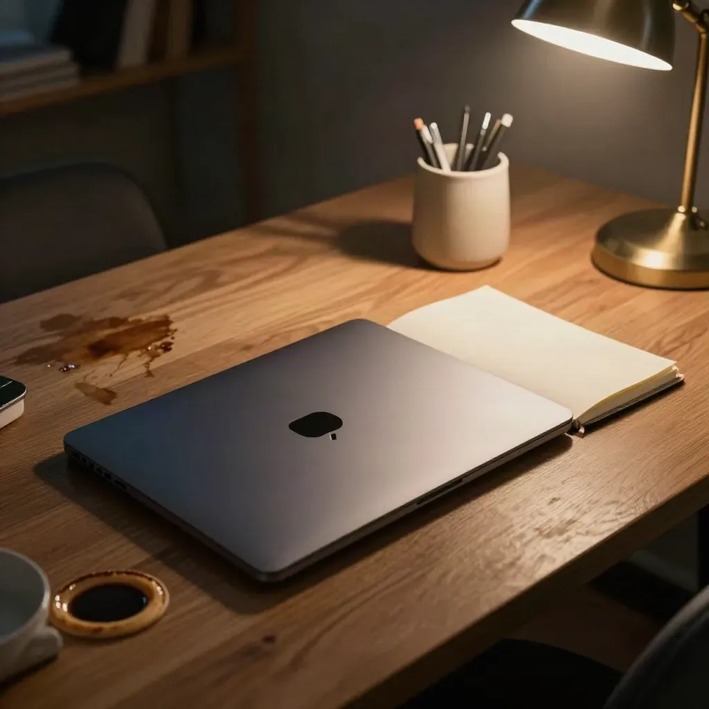 Late-night desk with a closed laptop, coffee ring, pen cup and lamp beside an empty chair.