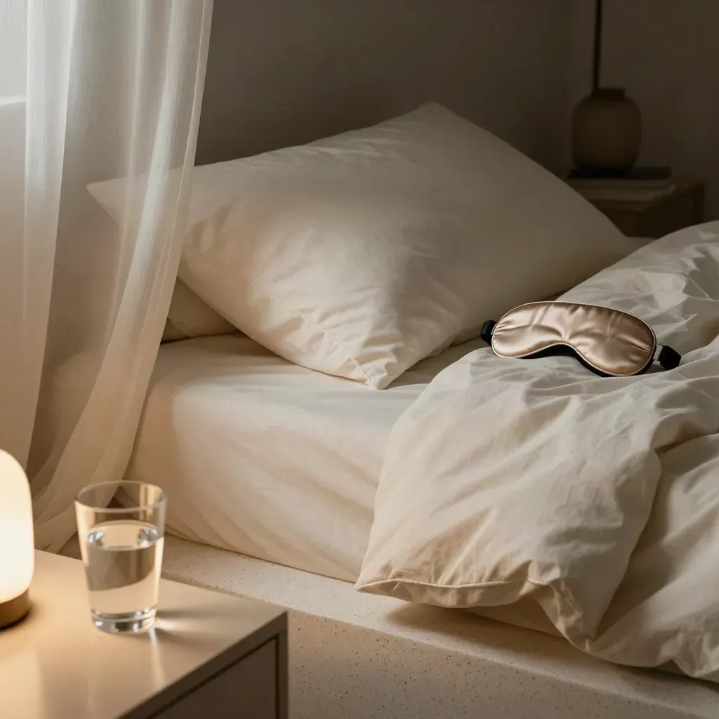 Rumpled bed, eye mask, curtain, water glass and lamp in a restless late-night bedroom.