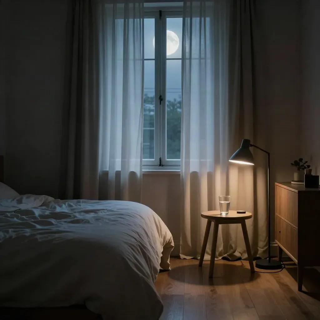 Moody bedroom at night with moonlit curtains, dim lamp, and water glass on a stool.