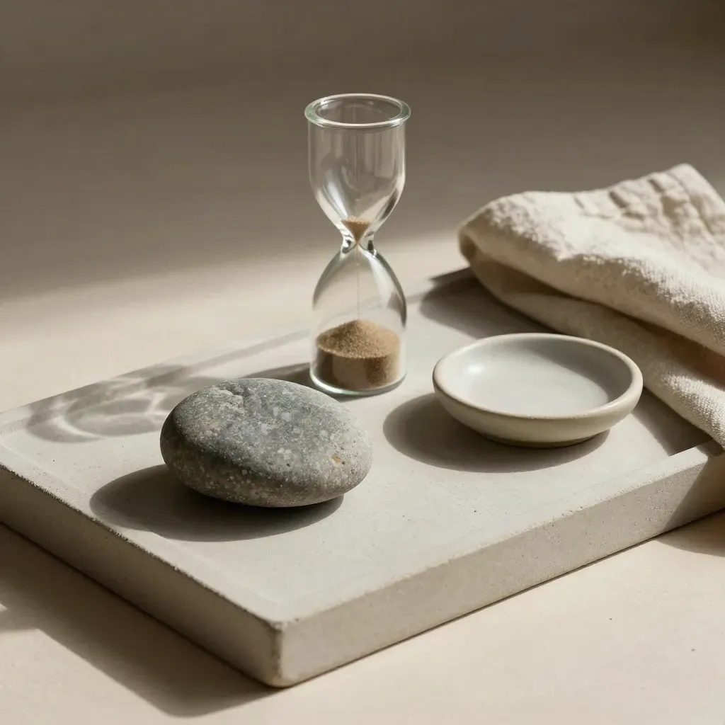 Worry stone, sand timer, linen and ceramic dish on a stone tray in soft daylight.
