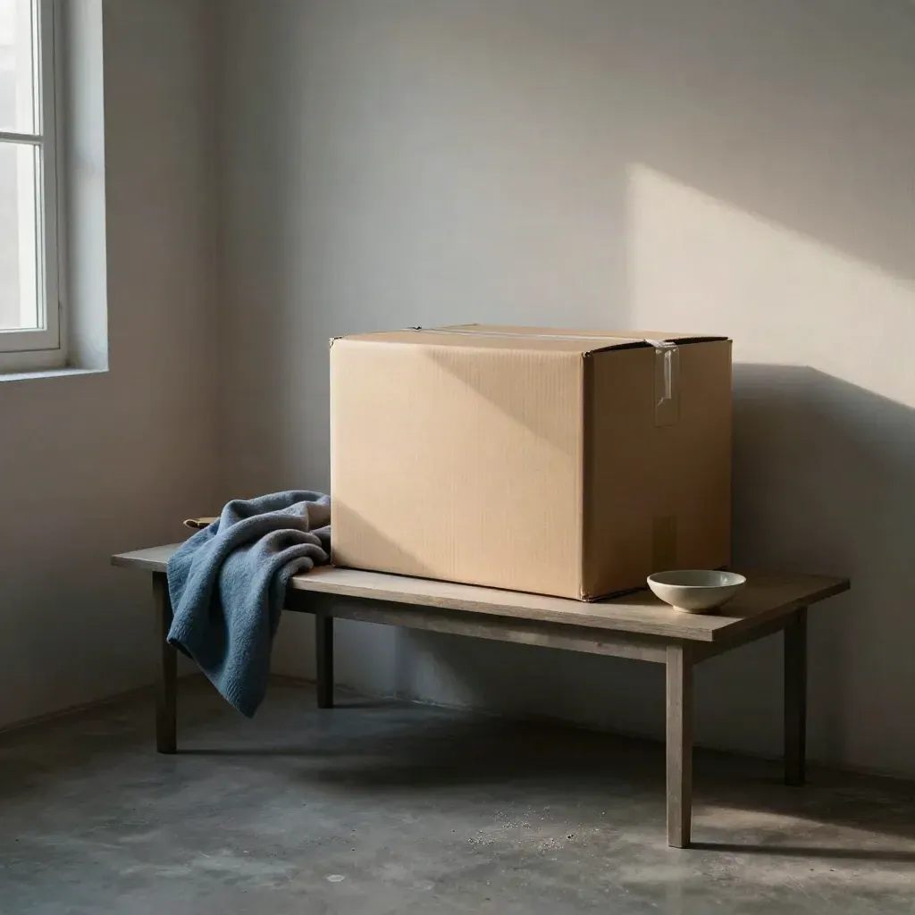 Half-packed moving box with blanket, plant cutting, and bowls in a quiet empty room.